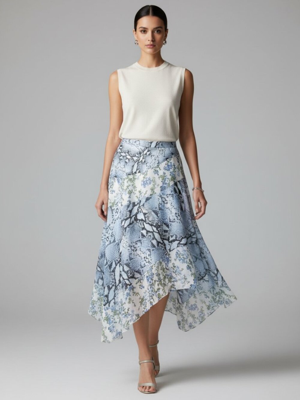 NEW INC Blue 10 Floral Snake Print Midi Skirt Office Siren Boho Whimsigoth Fairy